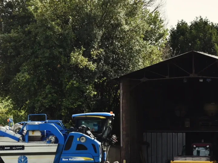 La machine à vendanger devant le hangar, au-dessus des vignes